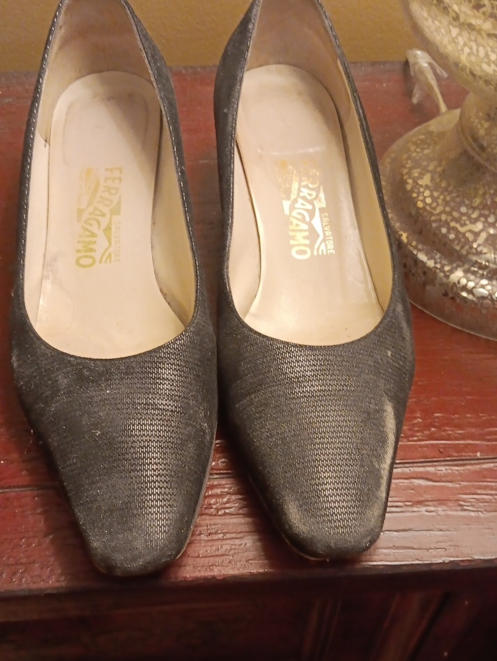 Salvatore Ferragamo Metallic Charcoal Pointed Toe Pumps